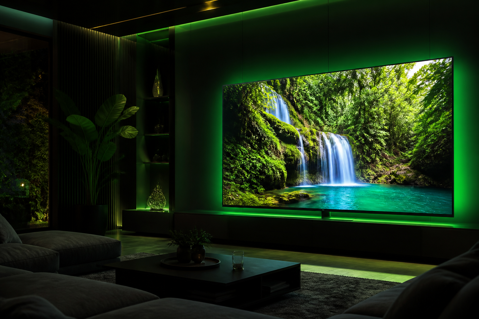 IPTV 4K UK - ultra high definition TV in a dark modern living room