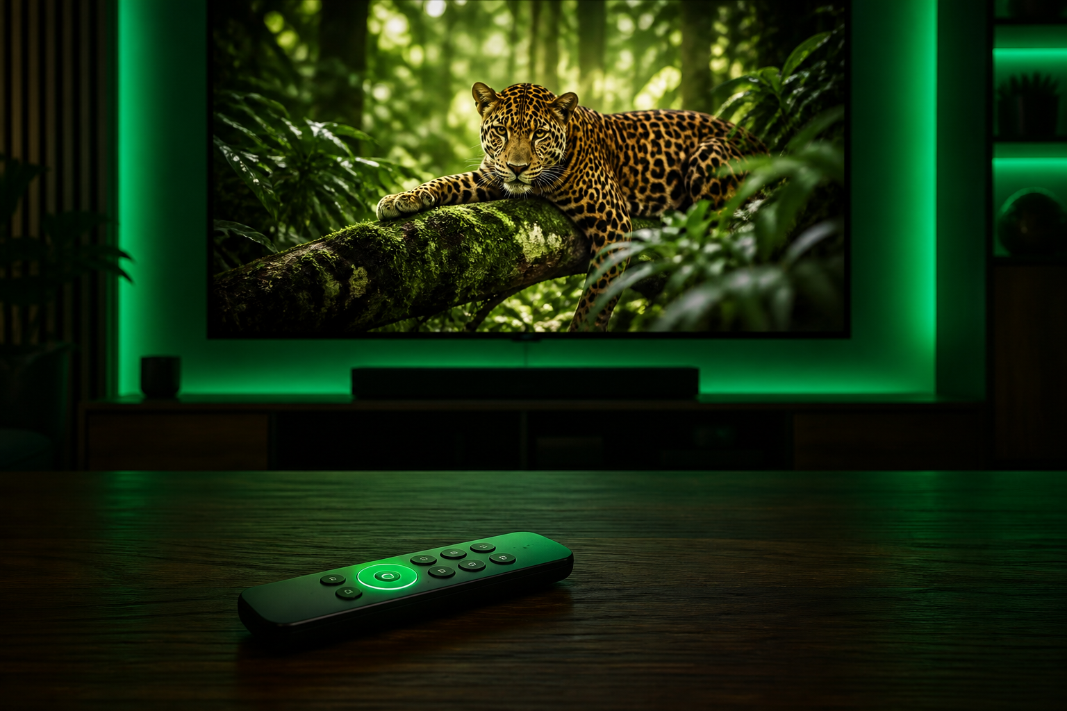 IPTV 4K UK - remote control next to a sharp 4K documentary on TV
