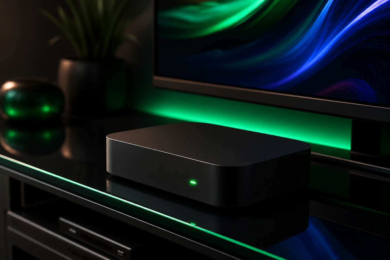 IPTV box UK - sleek streaming box with green light on a dark TV stand