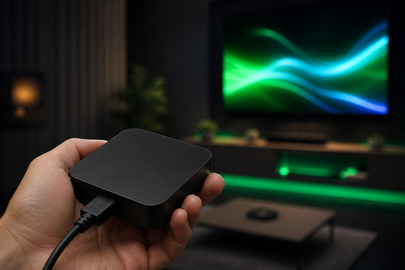 IPTV box UK - holding a black streaming box with HDMI cable in a dark room