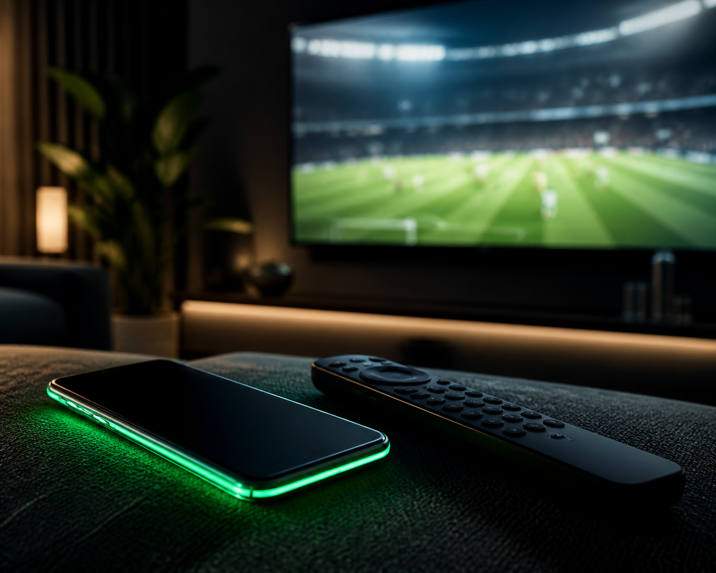 IPTV Premier League streaming setup with remote control and phone
